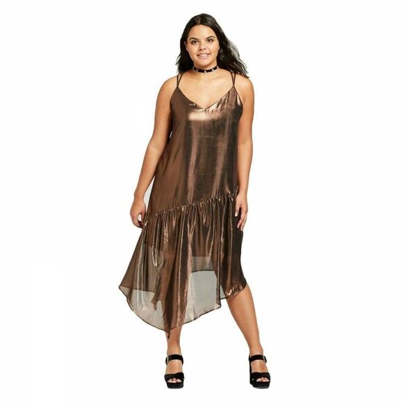 Xhilaration Women's Plus Size Metallic Lined Asymmetrical Spaghetti Strap Dress - Picture 1 of 7